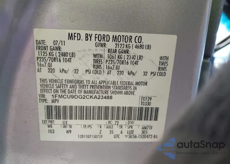 2012 Ford Escape Xlt z USA, uszkodzony, nr VIN 1FMCU9DG2CKA23488